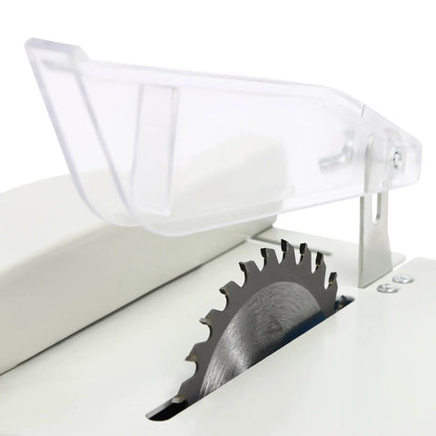Close-up of saw blade on Do It All Five In One Jewelry Polisher 750W Bench Grinder with protective cover and drilling capabilities.