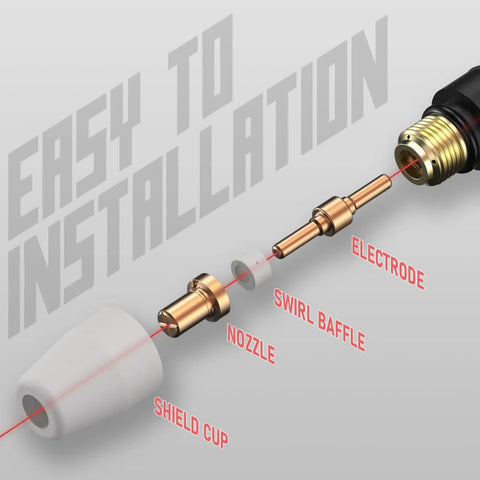 Exploded view of Plasma Cutting Consumables Kit For PT31 Torch Fits CUT-45 CUT-50 MCT-520 CT-520 with labeled components