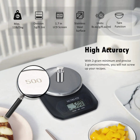 Awesome Compact Digital Food Scale For Cooking And Baking Small Kitchen Scale In Grams And Ounces Stainless Steel Tare Function Backlit LCD Display Space Saving Black shown with a magnifying glass focusing on the scale's precision detail