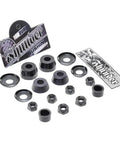 Beefed Up Rebuild Kit For Skateboard Trucks With Full Bushing And Washer Set, Pivot Cups, Axle Nuts And Kingpin Nuts For Two Trucks, Top And Bottom Bushings, Black Finish - Everything You Need To Bring Your Deck Back To Life. Black skateboard truck rebuild kit with bushings, washers, pivot cups, and nuts for 2 trucks