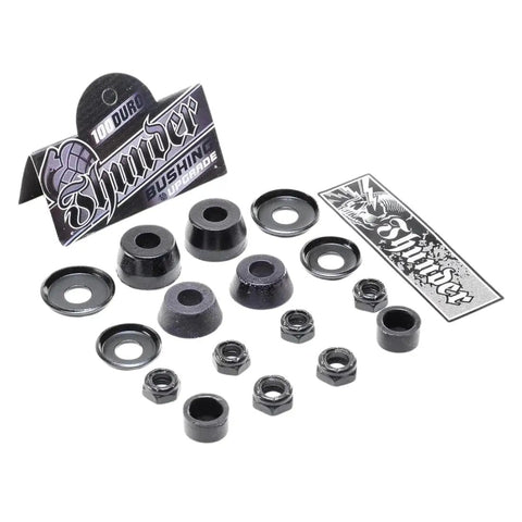 Beefed Up Rebuild Kit For Skateboard Trucks With Full Bushing And Washer Set, Pivot Cups, Axle Nuts And Kingpin Nuts For Two Trucks, Top And Bottom Bushings, Black Finish - Everything You Need To Bring Your Deck Back To Life. Black skateboard truck rebuild kit with bushings, washers, pivot cups, and nuts for 2 trucks