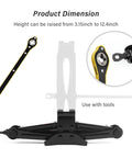 Product dimension showing Heavy Duty Scissor Jack For Car With Slick Thread Action Portable Tire Changing Kit that lifts 3.15 to 12.4 inches.