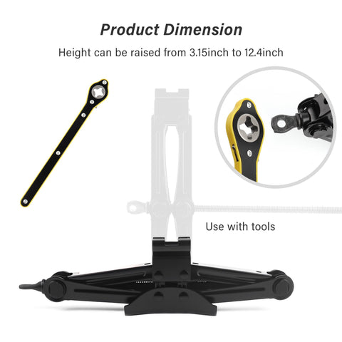 Product dimension showing Heavy Duty Scissor Jack For Car With Slick Thread Action Portable Tire Changing Kit that lifts 3.15 to 12.4 inches.