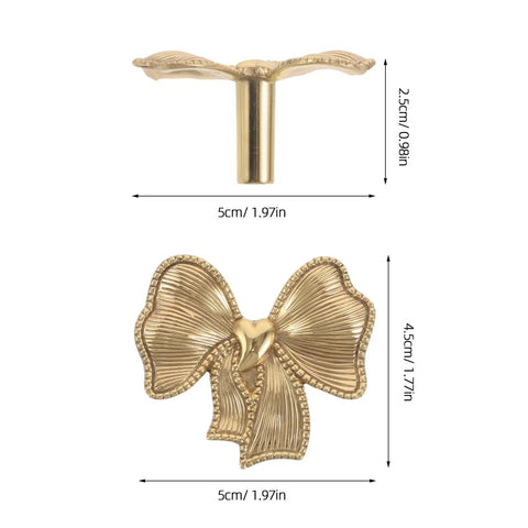 Luxurious Vintage Brass Bow Drawer Handles For Furniture And Boxes, 5cm gold bow knob, front and side view