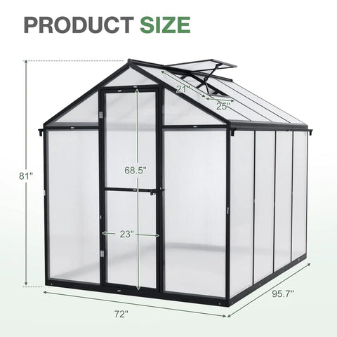 Walk In Greenhouse With Gutter And Polycarbonate Panels, Heavy Duty Aluminum Frame, Adjustable Skylight, Lockable Two Sided Door, 6 X 8 Ft, For Patio Outdoor Yard Lawn Use, Black