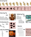 28 Piece Wood Burning Kit With Dope Pro Grade Tips For Pyrography Embossing And Soldering, Alphabet And Symbol Carving Tools, Includes Two Stencil Sheets, Handy DIY Wood Craft Gift For Beginners And Pros showcasing various tips and stencils.