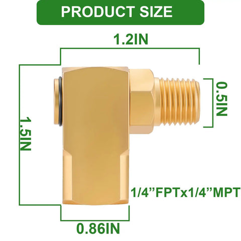 Two Pack One Quarter Inch NPT Brass Swivel Joint 90 Degree Elbow For Air Hose Reels Female To Male Threads High Pressure Up To 5000 PSI Includes Teflon Tape For Leak Free Connection, 1/4 FPT x 1/4 MPT size