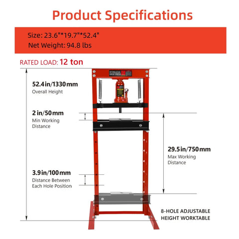 Diagram of Beefy 12 Ton Benchtop Hydraulic Shop Press with Press Plates H Frame showing dimensions and adjustable table height.
