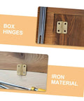 40 Piece Miniature Hinge Hardware Set for DIY Crafts Corner Iron Hinges installed on wood with tiny screws, shows iron material.