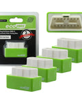 Fuel Saver Pro Plug And Drive Device Helps You Save About Fifteen Percent On Most Vehicle Models Easy To Use Just Plug In And Go Four Pack Included Fits Cars And SUVs Boosts Mileage And Overall Efficiency With A Simple Everyday Car Upgrade shown in packaging with connector view and four green devices