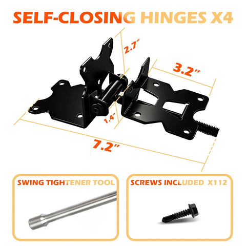 Built Tough Heavy Duty Self Closing Gate Hinges Kit for Vinyl and Wooden Fences, 90 Degree Adjustable Swing, No Weld Black Finish, Includes Swing Adjuster Tool and Self Tapping Screws, 4 Pack on display showing dimensions and included hardware.
