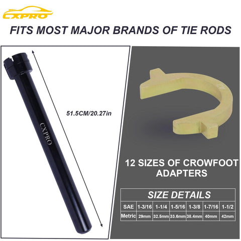 CXPRO inner tie rod removal tool kit: black 1/2-inch drive tube on left and yellow crowfoot adapter on right, 12 adapters included.