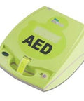 Front view of lime-green Zoll AED Plus defibrillator with large AED letters.