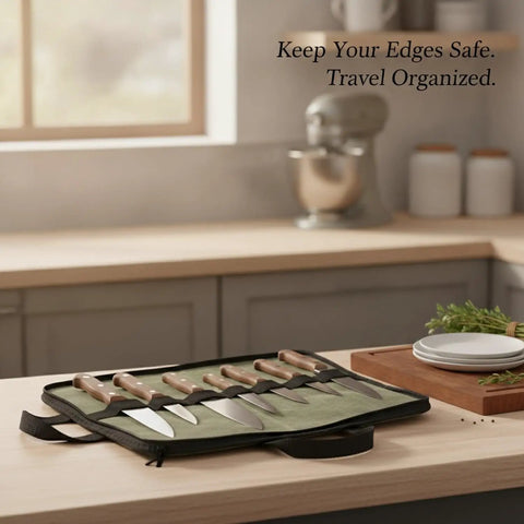 Canvas Knife Roll Organizer With Individual Slots Portable Blade Protector Case for Camping and Kitchen on countertop