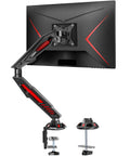 Single Gaming Monitor Arm With Mechanical Spring Load, Fully Adjustable Clamp Or Grommet Mount For Up To 32 Inch Screens, VESA 75x75 And 100x100, Smooth Tilt, Swivel, And Height Adjustment For Immersive Play, detailed back view with mount.