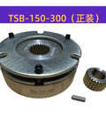 Front view of electromagnetic power-off brake TSB-150-300, DC99V, metal housing with mounting flange and gear ring