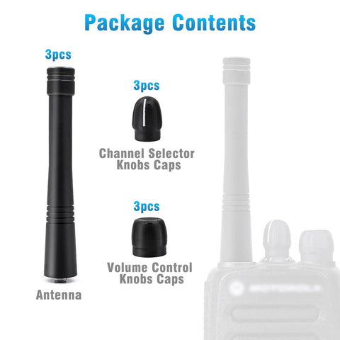 Three Piece VHF Stubby Antenna Set With Volume Knob And Channel Knob Cap For CP Series Two Way Radios package contents