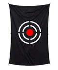 Black Golf Target Hitting Cloth For Backyard Practice, 5 By 4 Feet, Portable And Foldable, with red and white target design.