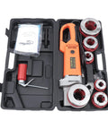 Top Shelf 2300W Electric Pipe Threader Machine Kit With Six Durable Dies Portable Handheld Power Threading Tool For Galvanized Steel And Iron Pipes Complete Plumbing Set Comes With Carry Case For Pros, shown with dies and tools.