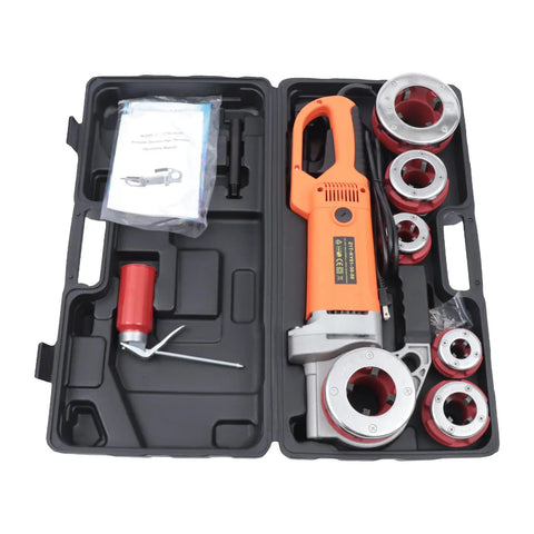 Top Shelf 2300W Electric Pipe Threader Machine Kit With Six Durable Dies Portable Handheld Power Threading Tool For Galvanized Steel And Iron Pipes Complete Plumbing Set Comes With Carry Case For Pros, shown with dies and tools.