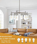 Interior view with Six Light Contemporary Brushed Nickel Chandelier With Clear Glass Cylinder Shades Modern Pendant Lighting Fixture