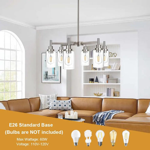 Interior view with Six Light Contemporary Brushed Nickel Chandelier With Clear Glass Cylinder Shades Modern Pendant Lighting Fixture
