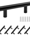Six Pack Matte Black Drawer Pulls Set With Two And One Half Inch Hole Centers 64mm And Overall Length Three Point Nine Five Inches 100mm Stainless Steel Cabinet Handles For Kitchen Cabinets And Drawers Includes Twelve Mounting Screws shown with six pulls and screws.