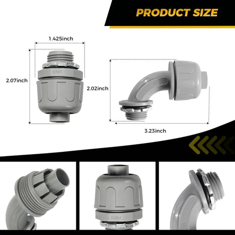 One Half Inch Liquid Tight PVC Conduit Fittings Kit With Twenty Pack Straight And 90 Degree Non Metallic Nylon 6 Connectors UL Listed Grey