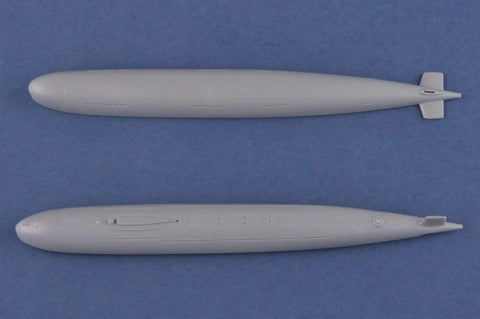 Top view of 1:350 Scale Song Class Submarine Model Kit For Hobbyists 14 Plus with two hull pieces on a blue background
