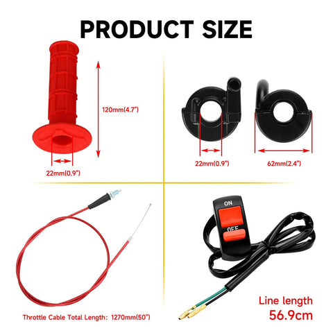 Seven Eighths Inch Throttle Cable And Handlebar Grips Kit For Dirt Pit Bikes with product size dimensions and components shown
