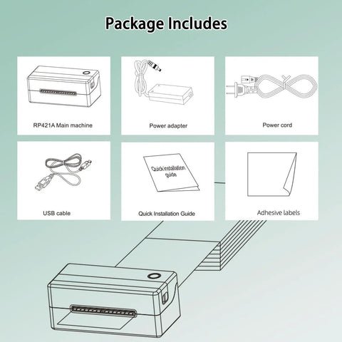 Bluetooth Thermal Shipping Label Printer For 4x6 Labels, Wireless Label Maker For Packages, Compatible With Windows Mac Android iPhone, The Prime Pick For Small Biz Shipping With Fast, Reliable Labeling And Easy Setup package contents including printer, power adapter, power cord, USB cable, installation guide, adhesive labels