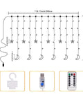 Diagram of Dazzle Bright Ramadan Curtain String Lights With 138 LEDs Warm White Star Moon Fairy Lights 8 Lighting Modes
