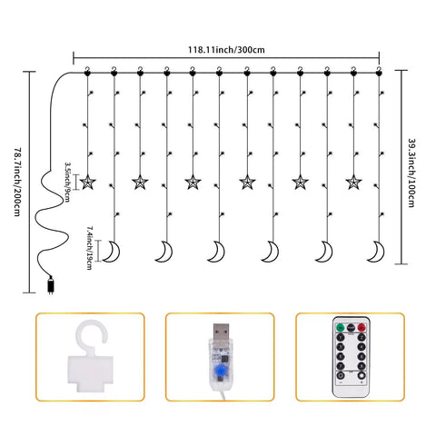 Diagram of Dazzle Bright Ramadan Curtain String Lights With 138 LEDs Warm White Star Moon Fairy Lights 8 Lighting Modes