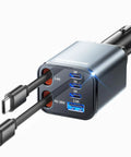 Ultra Compact 6 Port USB C Car Charger With Retractable Plug, Fast Charge For iPhone 12 To 17, Dual USB C Cables, RV Ready Power Adapter, 99W Total Output, Charge Multiple Devices On The Go, showing ports and cables view.
