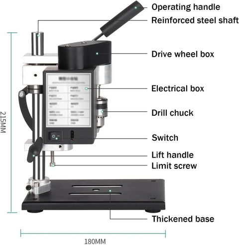 Mini Bench Drill Press With Seven Gear Variable Speed For Precise Drilling On Metal Wood Plastic And Acrylic, detailed labeled diagram.