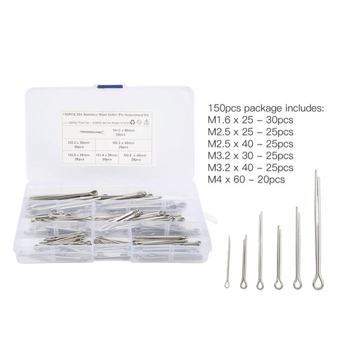 Cotter Pin Kit 150 Pcs Stainless Steel 304 Hairpin Fasteners 6 Size Assortment M1.6x25 M2.5x25 M2.5x40 M3.2x30 M3.2x40 M4x60