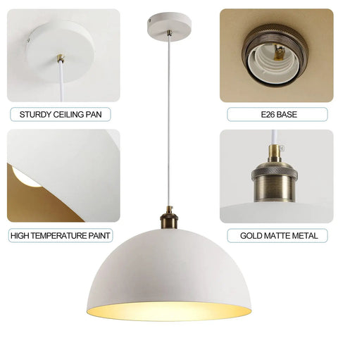 Retro Modern Industrial Chandelier With Matte White Exterior And Brass Gold Interior Dope Lighting Fixture, parts shown.
