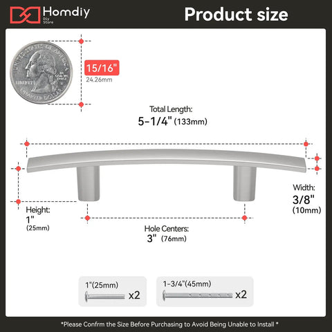 10 Pack Solid Zinc Alloy Cabinet Handles Set Brushed Nickel Arch Drawer Pulls with dimensions and screws shown for kitchen and bathroom cabinets 3 Inch Center To Center Five And A Quarter Inch Overall Length One Inch Projection Heavy Duty Modern Hardware