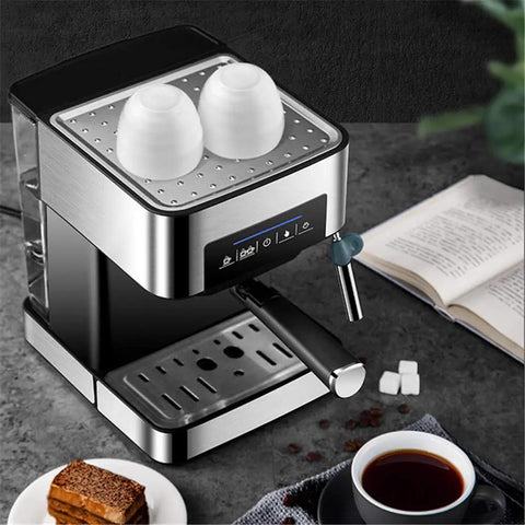 Professional Grade Semi Automatic Espresso Maker Featuring A Built In Conical Burr Grinder And High Pressure Steam Wand, with cups on top.
