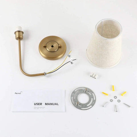 Components of Rustic Wall Sconce With Flared Linen Shade Vertical Mount Bedside Light for Bedroom and Reading Room Antique Style Lamp, shown disassembled.