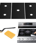 Three Pack Extra Long 32 Inch Stove Burner Covers For Gas Range Half Millimeter Thick Reusable Nonstick Protectors shown with brush and sponge