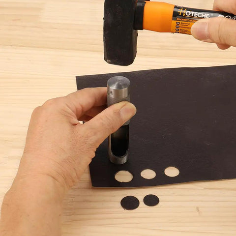 Using 12 Piece Hollow Hole Punch Set For Leathercraft And DIY Projects With Knurled Grip Steel Punches on leather sheet