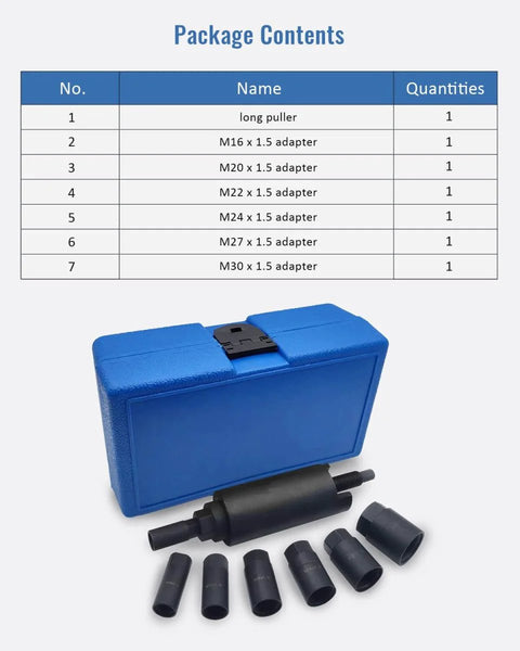 Drive Shaft Puller Extractor Tool Set For Cars, 7 Piece Removal Kit With Six Adapters M16 M20 M22 M24 M27 M30, case and parts visible.