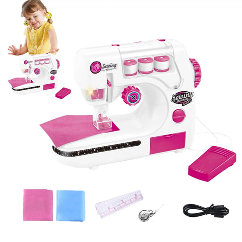 Kids Sewing Machine Toy With Realistic Pedal And Needle Threading For Needlework Practice, fabric included, girl using it