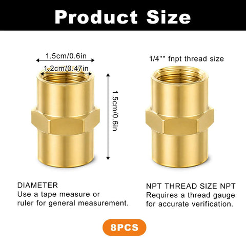 Heavy Duty 1/4 Inch NPT Female To Female Brass Hex Coupler Pipe Fitting 8 Pack Air Hose Adapter with product size details.