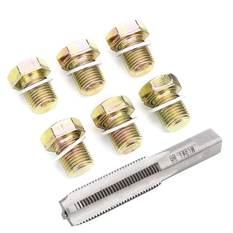 Fresh Oil Drain Plug Tap M13 X 1.25MM Thread Repair Kit For Fixing Stripped Holes And Restoring Proper Fit With New Screw Washer For Your Car Maintenance Needs. M13 x 1.25 steel tap with six oil drain plugs and washers