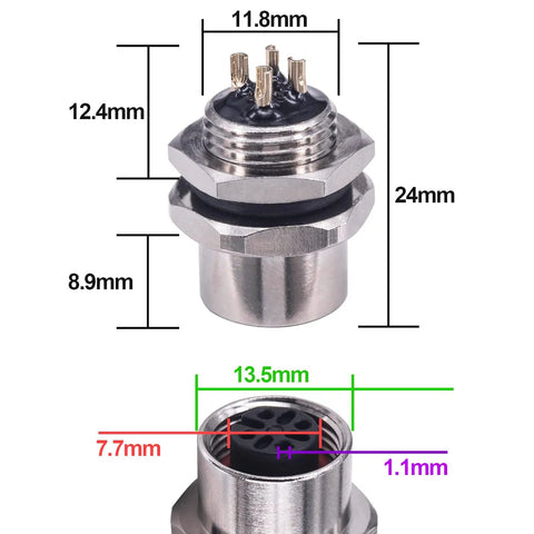 M12 4 Pin A Coded Female Straight IP67 Waterproof Rear Bulkhead Panel Receptacle 12mm dimensions display