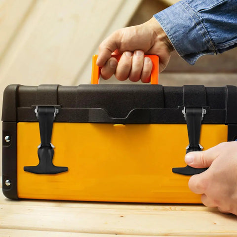 Close-up of toolbox with Stainless Steel 304 Rubber Door Latches With Toggle Clamps Four Pack For Toolbox Cooler Hood Drawers Replacement Straps For Travel And Tool Storage Beefy Heavy Duty Easy Clip On Built Tough