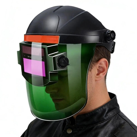 Auto Darkening Welding Helmet With Air System And True Color Viewing Shield For Industrial Metalworking Safety, side view.
