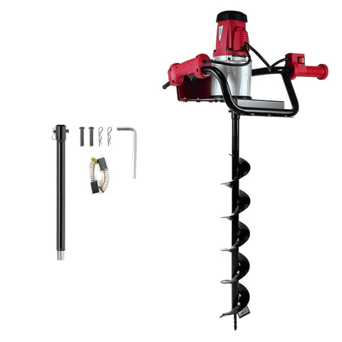 Powerful Electric Post Hole Digger With Reverse Function 1500W 110V 6 Inch Drill Bit, shown with accessories and handle.
